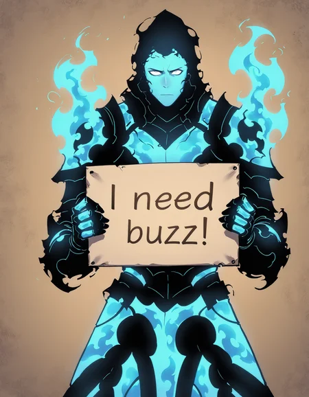 <lora:Sololeveling_S1_buns:0.7>, holding sign, fire, solo, 1boy, blue fire, male focus, blue skin, brown background, armor, colored skin, shadow, shadow_minion, Min_Byung-Gyu, <lora:NeedBuzz_sign_Illustrious:1> , need_buzz, masterpiece, best quality, amazing quality