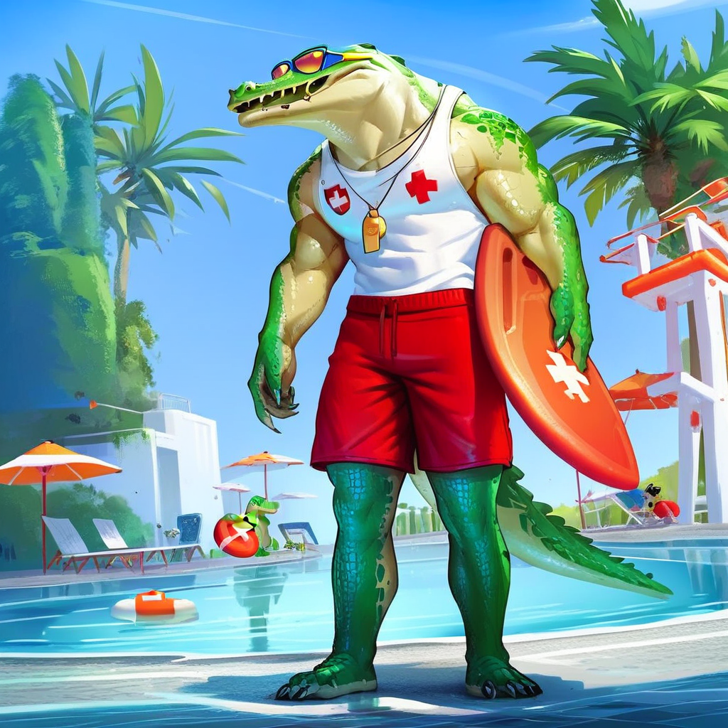 score_7_up, score_8_up, score_9, renekton, crocodile, scales, sunglasses, whistle around neck, white tank top, plus symbol, lifeguard, holding surfboard, outdoors, poolside,