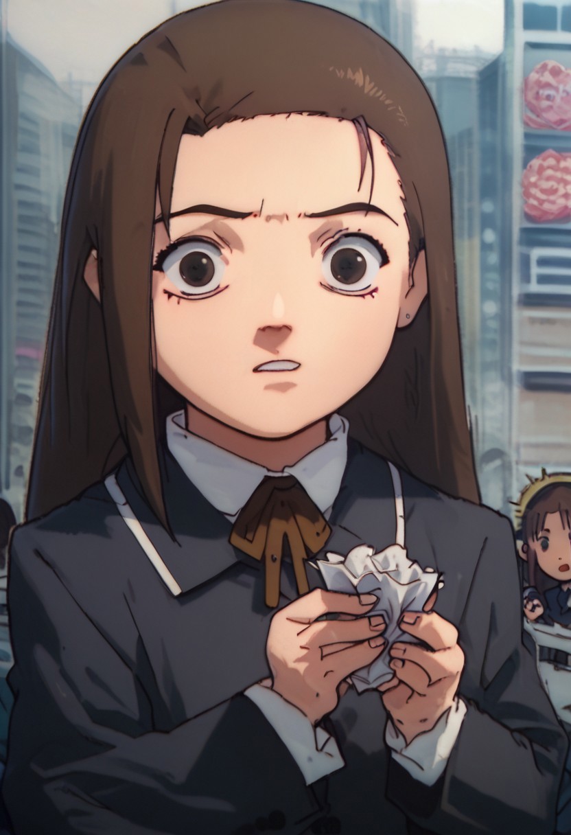 score_9, score_8_up, score_7_up, score_6, source_anime, iwakura mika, school uniform, chibi, holding tissue, looking at tissue, surprised, shibuya street background
