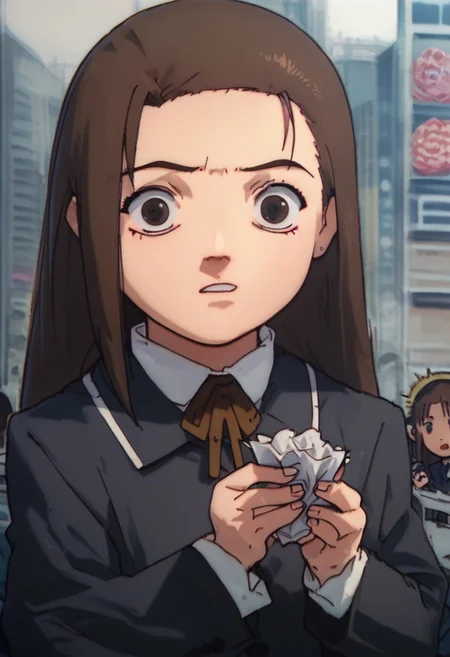 score_9, score_8_up, score_7_up, score_6, source_anime, iwakura mika, school uniform, chibi, holding tissue, looking at tissue, surprised, shibuya street background