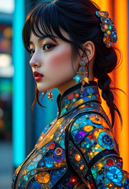 High fashion photography, a supermodel, beautiful face and eyes, TacExoGear, Exosuit, tactical gear, but subtle cybernetic enhancements that do not cover the face, A glamorous model in a futuristic rendition of traditional Chinese qipao, designed with a sleek, form-fitting silhouette and futuristic metallic fabrics. The outfit features intricate embroidery in neon threads, glowing subtly as the light reflects off the surface, leaning forward pose, Candid Emotions, from behind, looking back, straight-on, (dutch angle:0),cowboyshot, wind, floating hair, Direct Eye Contact, <lora:RM_TacExoGear_v0.2:0.5>, midjourney_whisper_avant_couture, <lora:midjourney_whisper_avant_couture_v01:1.2>, cs-cr1stal, <lora:Crystality_Flux:0.35>, <lora:midjourney_whisper_chromaplex_v1:0.45>, <lora:Midjourney_Whisper_AgateX_v1_epoch_20:0.45>,