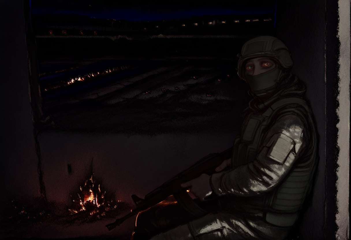 very aestetic, pt1chn1k, solo, 1boy, male focus, outdoors, night, dark, cowboy shot, buletproof vest, mask, helmet, assault rifle, ak-47, weapon, holding, military, looking at viewer, khaki camouflage, from side, sitting, wall, ruins, fire, 