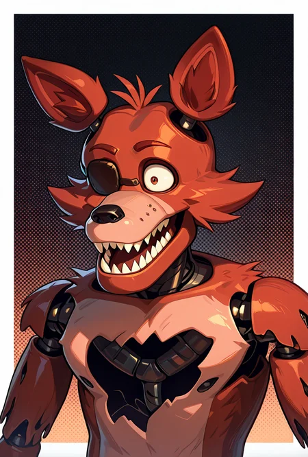 <lora:foxy-09:1> foxy, animal ears, 1boy, solo, sharp teeth, eyepatch, pirate hook, joints, animatronic,, masterpiece, best quality, amazing quality, very aesthetic, absurdres, newest,, upper body, halftone effect, white borders, abstract background:1.2,