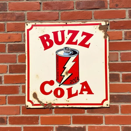 a vintage sign for "BUZZ COLA" featuring a can of cola with a lighting bolt, it looks dilapidated and is screwed to a brick wall
