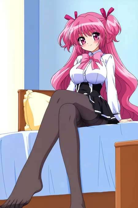 <lora:TokyoMewMew:0.7>, MewMew, 1girl, pantyhose, solo, feet, pink hair, long hair, skirt, breasts, sitting, crossed legs, shirt, smile, no shoes, ribbon, toes, soles, looking at viewer, hair ribbon, white shirt, large breasts, blush, pink eyes, indoors, long sleeves, black pantyhose, bed, foot out of frame, legs, black skirt, pink ribbon, pleated skirt, lamp, on bed, collared shirt, bow, thighband pantyhose, closed mouth, two side up, bowtie, very long hair, pink bow, see-through, pillow, flower