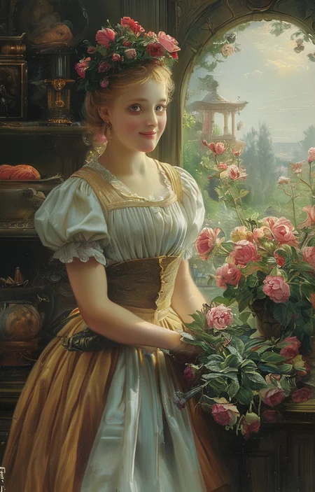 masterpiece,best quality,<lora:tbh240-sdxl:0.9>,illustration,style of Fritz Zuber-Buhler, portrait of Housework robots