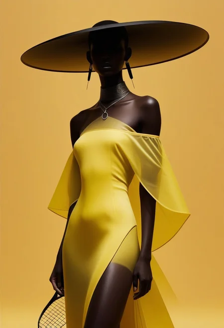 aaAR7fl,masterpiece,highres,best quality,best aesthetic, intriguing details, Rick Owens fashion campaign, haute couture,1girl, solo, off shoulders, glowing necklace, see-through, wide brim hat, swing a badminton racket, yellow gradient background, in style of Tim Walker, black Organic-shaped dress, hyper realistic, explicit, dynamic,