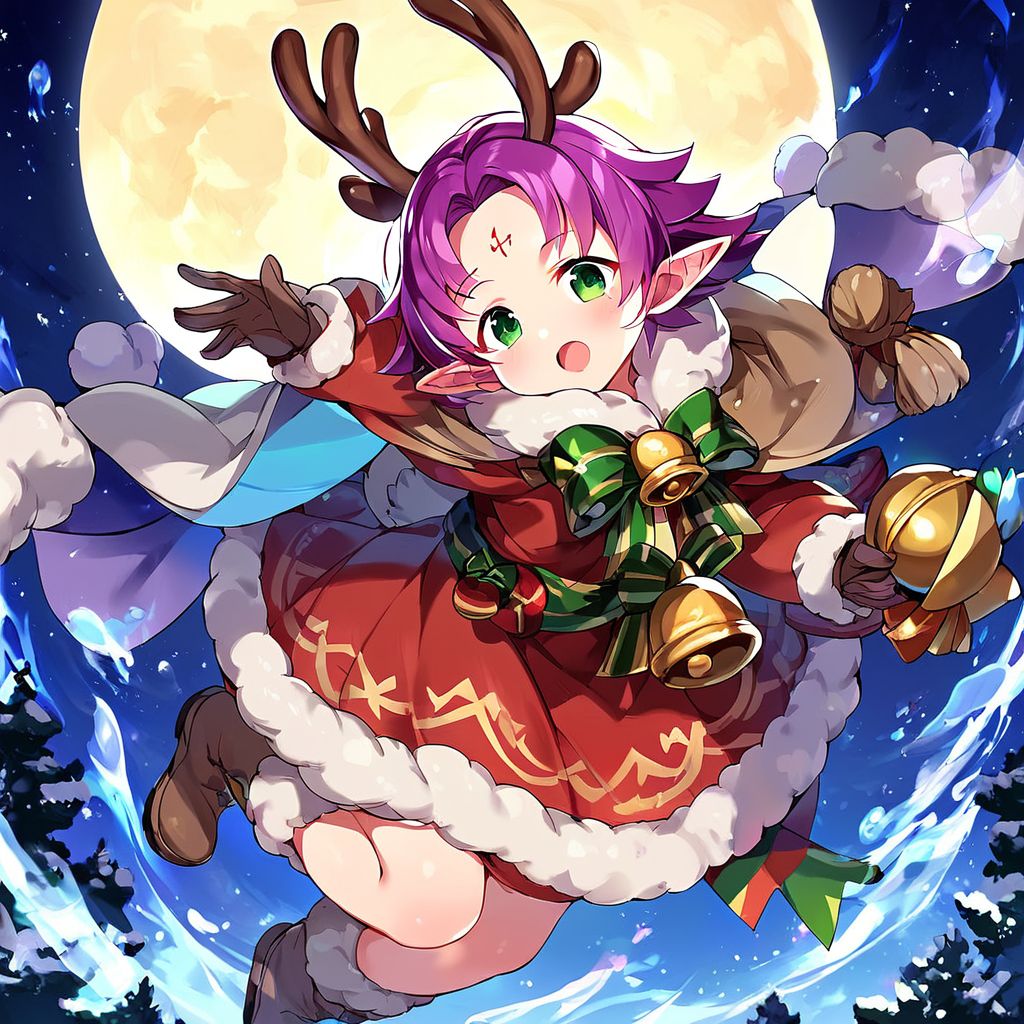 score_9, score_8_up, score_7_up, source_anime, rating_explicit, BREAK  <lora:Fae_Fuuin_no_Tsurugi_XL:1>
fae, 1girl, facial mark, forehead mark, antlers, open mouth, green eyes, wings, solo, purple hair, short hair, dress, pointy ears, long sleeves, reindeer antlers, fur trim, boots, full body, brown gloves, bell, cape, gloves, holding, sky, night,