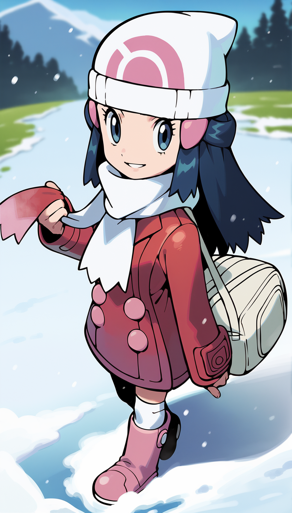score_9,score_8_up,score_7_up,
highres,highly detailed,
<lora:hikaridawn:0.8>,
hikaridawn,
1girl,solo,
navy blue hair,long hair,
looking at viewer,smile,parted lips,steam,
white beanie,pink hair clips,red overcoat,white scarf,white shoulder bag,
white kneehighs,light pink boots,
full body,walking,from above,looking up,holding scarf,face focus,
blurry background,vignetting,outdoors,snowfield,snow,winter,footprints,light particles,snowing,