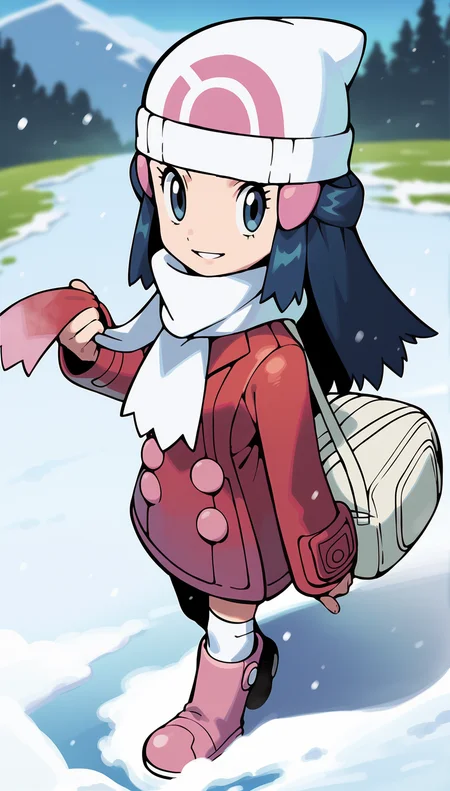score_9,score_8_up,score_7_up,
highres,highly detailed,
<lora:hikaridawn:0.8>,
hikaridawn,
1girl,solo,
navy blue hair,long hair,
looking at viewer,smile,parted lips,steam,
white beanie,pink hair clips,red overcoat,white scarf,white shoulder bag,
white kneehighs,light pink boots,
full body,walking,from above,looking up,holding scarf,face focus,
blurry background,vignetting,outdoors,snowfield,snow,winter,footprints,light particles,snowing,