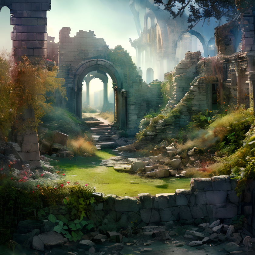 (masterpiece:1.2), (best quality,:1.2), 8k, HDR, ultra detailed, ((photorealistic)), professional light, cinematic lighting, fashion photography, ambient lighting,<lora:detail_slider_v4:3>, overgrown ruins of a settlement on the plains of a magical fantasy world, FanRu <lora:FantasyRuins-10:1>, ((perfect hands)), epiCPhoto
