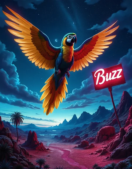 Create a surreal landscape where a large, vibrant tropical parrot flies across a twilight sky over a vast desert. Below, the desert. The parrot carrys a sign with the yellow bold text "Buzz" at the claws. The scene is bathed in neon light with a mysterious, while a distant mountain range looms under a starry sky