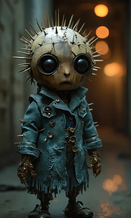 Hyperrealistic photograph of a haunting, automaton standing in a dimly lit environment. The figure has a large, spherical head made of weathered, patched leather with a wooden undertone, adorned with protruding metal spikes. Its face features oversized, hollow eyes with deep, dark pupils that seem to stare directly at the viewer. A small, sculpted nose and mouth add to its eerie human-like qualities.
The automaton wears a tattered, steampunk-inspired coat made of distressed blue-gray fabric, adorned with antique brass buttons and stitched patches. The coat is riddled with small spikes and crude surgical sutures, mirroring the head's texture. Its hands and arms are visible, sharing the same spiked and stitched aesthetic as the rest of the body.
Intricate details are captured with photographic precision: the varying textures of leather, wood, and fabric; the oxidation on metal parts; the frayed edges of the coat; and the subtle sheen of the spikes. The lighting is moody and dramatic, with a soft glow highlighting the contours of the figure against a darker background.
The background is intentionally out of focus, featuring a soft bokeh effect of warm, golden lights, suggesting a mysterious, perhaps industrial setting. This blurred backdrop contrasts sharply with the crisp, hyperrealistic details of the automaton in the foreground.
Overall color palette: Predominantly cool tones of blues and grays for the figure, with warm amber and gold tones in the bokeh background, creating a striking visual contrast.