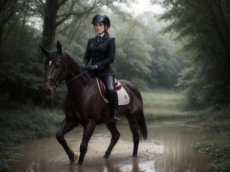 photograpy of a European woman, looking cute (wearing equitation_outfit:1.3),
good hand,4k, high-res, masterpiece, best quality, head:1.3,((Hasselblad photography)), finely detailed skin, sharp focus, white riding pants, black coat , shiny black riding boots, (cinematic lighting), night, soft lighting, dynamic angle, [:(detailed face:1.2):0.2], medium breasts, outside, nature, forest, rainy day, muddy way  <lora:equitation_outfit-10:0.5> <lora:more_details:0.2> <lora:partially_submerged:0.2> partially submerged