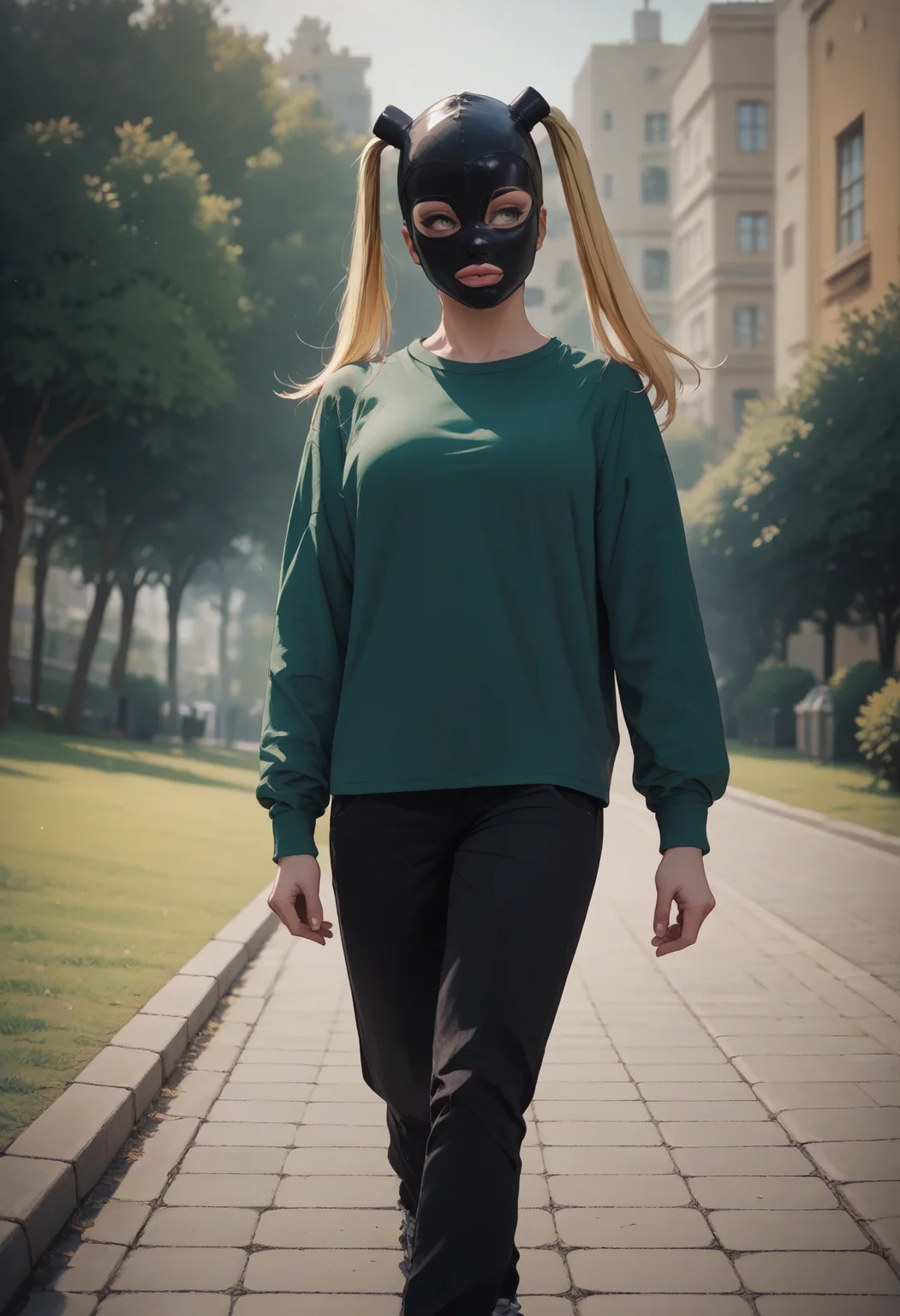 source_cartoon, score_9, score_8_up, score_7_up, score_6_up, score_5_up, , BREAK, 1girl,
<lora:latexHoodPonyV3:1>,black latexhood, blonde twintailshair, casual clothes, feminine, walking in a green park, from the side