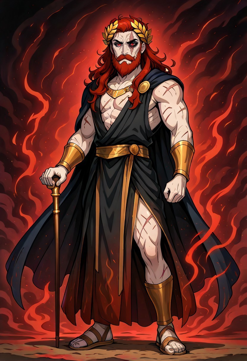 masterpiece, best quality, newest, absurdres, highres, ACGPTMV1, 1boy, red hair, beard, facial hair, mustache, scar, scars on face, goth fashion, red eyes, laurel crown, ancient greek clothes , sleeveless, robe, pale skin, pale, solo, solo focus, male focus, toned, makeup, eye shadow, full body, 
cane, 