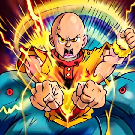 stretch, Sharp image, 4k, 8k, Detailed and Intricate, Cinematic, Dynamic Lighting, 
OverallDetail, Caillou with red glowing eyes, angry expression, male, aura of light around, caillou punching goku