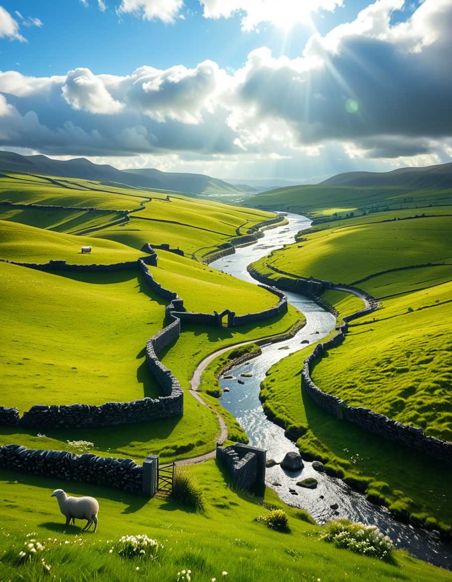 A breathtaking, high-resolution photograph of the rolling plains of Ireland, stretching endlessly under a vast, cloud-streaked sky. The landscape is a lush, vibrant green, with gentle hills covered in soft grass and dotted with scattered wildflowers. Ancient stone walls and winding dirt paths cut through the fields, marking old farmland boundaries. In the distance, a few solitary sheep graze peacefully, their white wool contrasting against the emerald grass. A small, clear river meanders through the valley, reflecting the soft light of the sky. The horizon is framed by low, misty mountains, adding depth and mystery to the scene. Above, the sky is a mix of bright blue and fluffy white clouds, casting dynamic shadows across the landscape as beams of sunlight break through. The atmosphere is serene, timeless, and rich with the natural beauty of the Irish countryside.
<lora:SDXLFaeTastic2400:0.4> <lora:extremely_detailed:0.4> extremely detailed, <lora:rolling_plains_of_1r3l4nd:1>,rolling plains of 1r3l4nd, Masterpiece,best quality,hi res,8k,hi res,8k,award winning,(sharp focus, intricate, highly detailed),