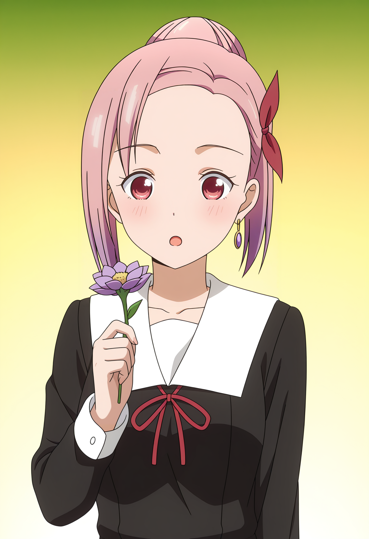 <lora:Tsubame KOYASU_illustrious-000018:1>,1girl,pink hair,solo,
Tsubame KOYASU, solo, earrings, open mouth, blush, school uniform, flower, jewelry, holding, ribbon, cosplay, holding flower, name connection, red ribbon, single hair bun, dress, black dress, upper body, collarbone, forehead, neck ribbon, hair ribbon, purple flower, parody, :o, anime screencap