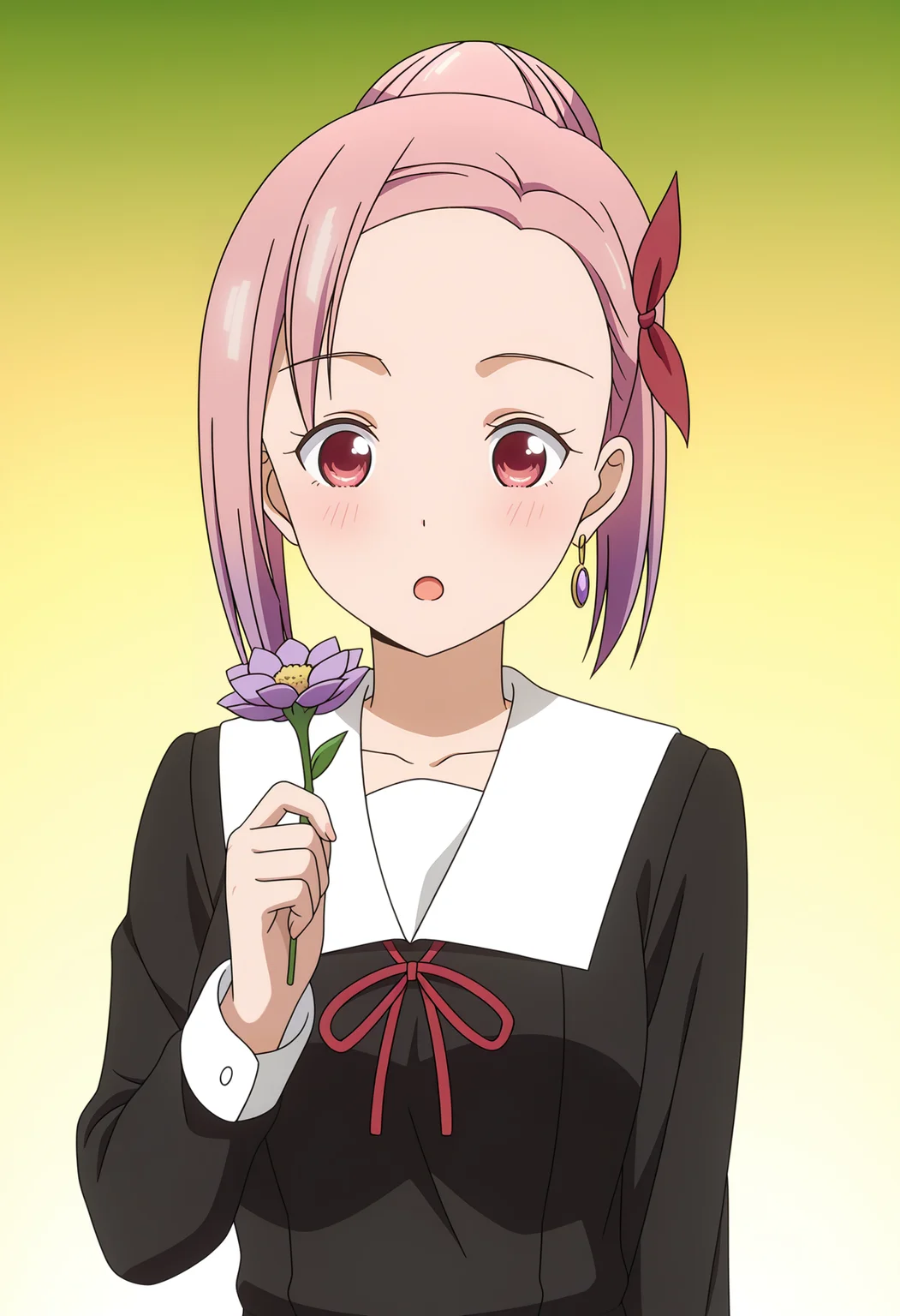 <lora:Tsubame KOYASU_illustrious-000018:1>,1girl,pink hair,solo,
Tsubame KOYASU, solo, earrings, open mouth, blush, school uniform, flower, jewelry, holding, ribbon, cosplay, holding flower, name connection, red ribbon, single hair bun, dress, black dress, upper body, collarbone, forehead, neck ribbon, hair ribbon, purple flower, parody, :o, anime screencap