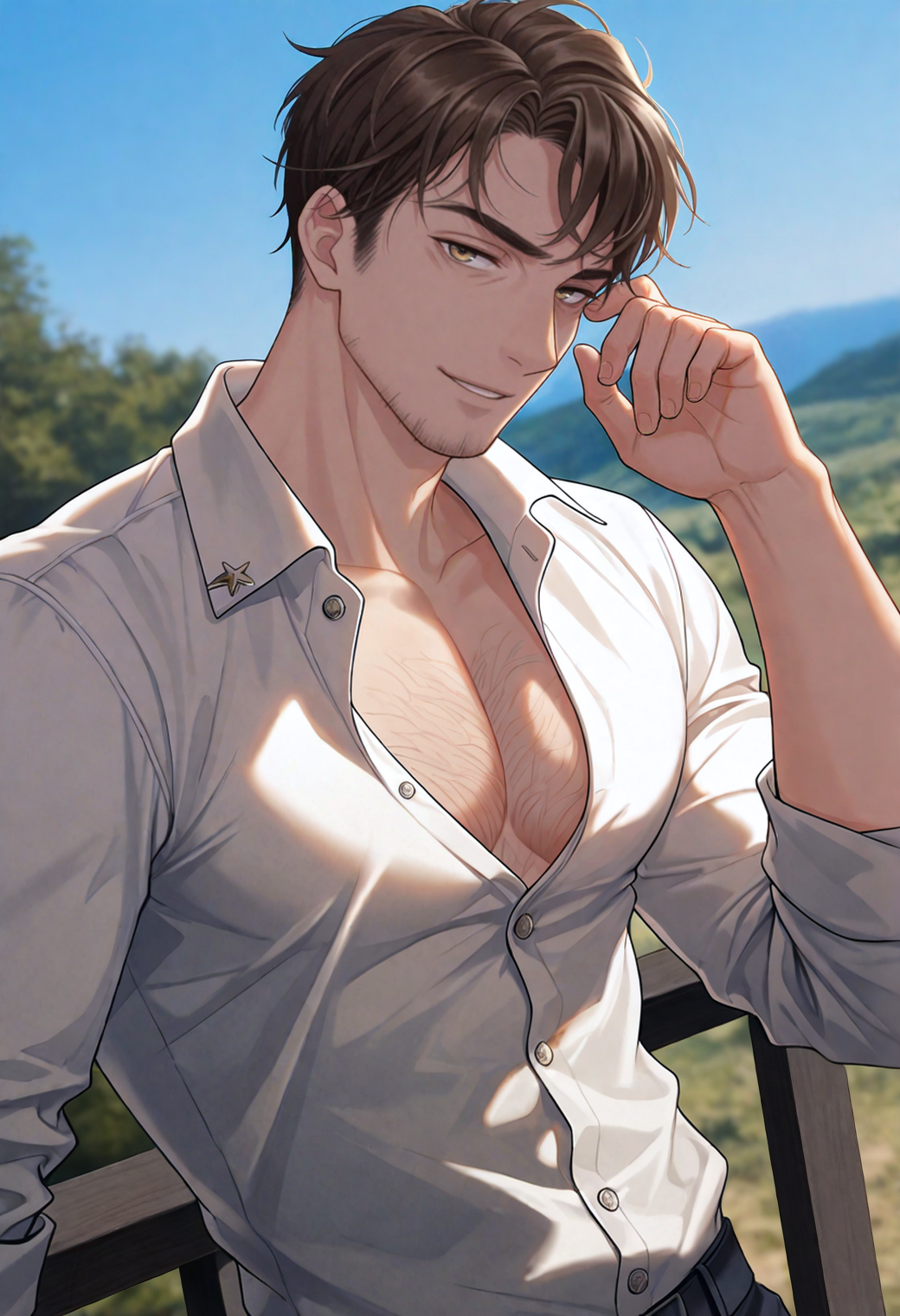 masterpiece,best quality,
1boy,
<lora:darius_morgan_NAI_EPS_1_0_CAME_v1-000026:1>,d4r1u5m,brown hair,short hair,facial hair,stubble,
looking at viewer,seductive smile,
white shirt,collared shirt,pectoral cleavage,hairy, chest hair,
outdoors,blue sky,scenery,long sleeves,popped collar,
depth of field,blurry background,atmospheric perspective,dutch angle,âââ