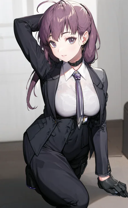 <lora:NIKKE_TetraLine_dolla_v1_epoch-000006:1:NP> best quality, ultra-detailed, dolla, 1girl, solo, long_hair, breasts, bangs, brown_hair, shirt, gloves, long_sleeves, closed_mouth,, purple_eyes, jacket, full_body, ponytail, purple_hair, white_shirt, ahoge, open_clothes, necktie, choker, black_gloves, belt, collared_shirt, pants, , black_footwear, open_jacket, black_jacket, , formal, black_pants, suit,, purple_necktie, earpiece, (one knee, :1.4) room, indoors, (looking at viewer:1.3),, (tilt head ,hand on own head:1.2),
