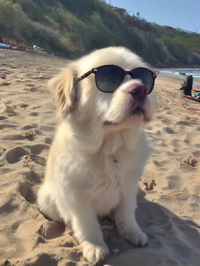 a dog sitting on a sunny beach and is wearing sunglasses, detailed, high quality