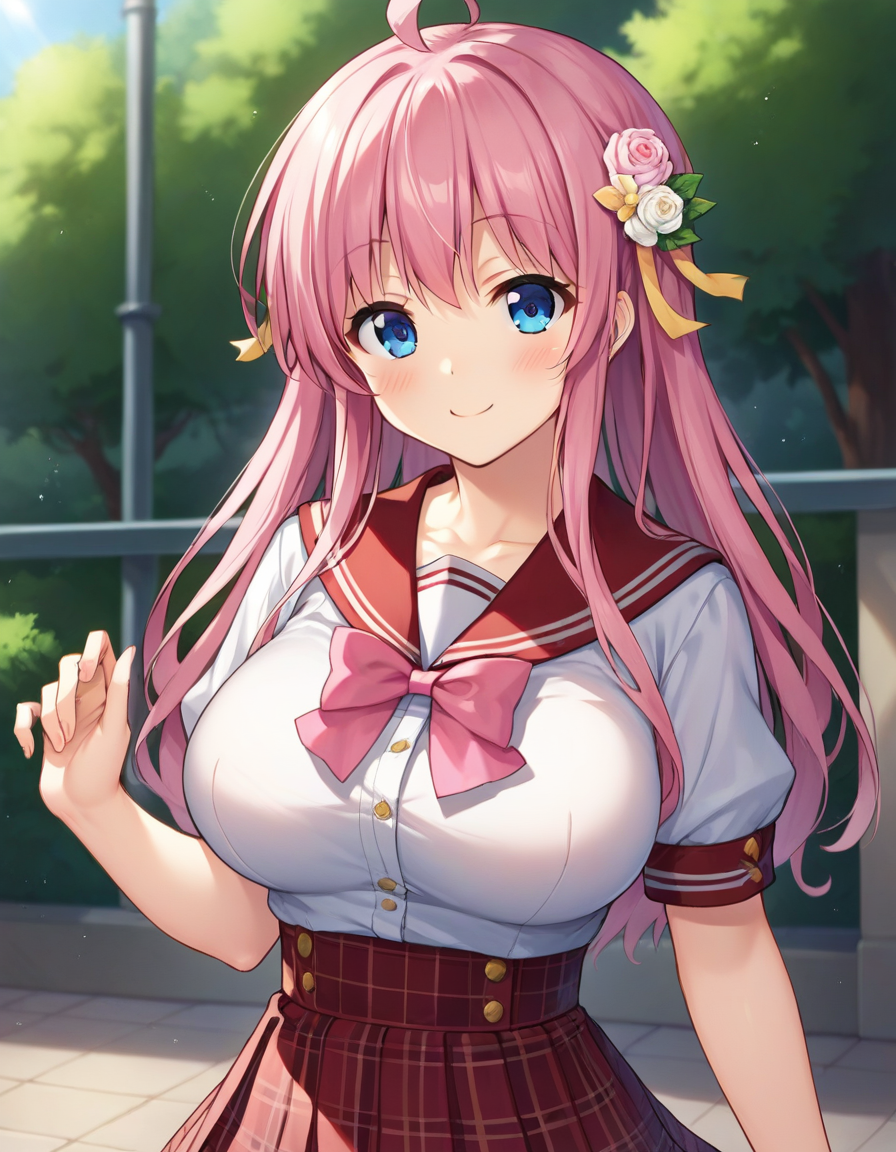 score_9,score_8_up,score_7_up,score_6_up BREAK official art,solo,outdoors,upper body,(portrait:1.5),looking at viewer,facing viewer,smile,blush,Nanase Momoka,ahoge,long hair,pink hair,hair flower,hair ornament,sidelocks,bangs,blue eyes,red sailor collar,plaid sailor collar,pink bow,yellow ribbon,white shirt,short sleeves,large breasts,red skirt,plaid skirt,frilled thighhighs,white thighhighs,loafers,<lora:Nanase Momoka(ip2)-Pony:1.1>,
