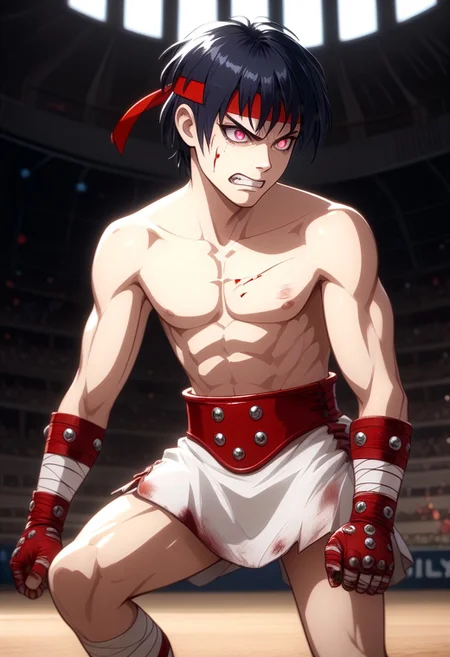 score_9, score_8_up, score_7_up, (FMW1, painterly, vibrant details:2), 1boy, cestanim, cestvs, red headband, short black hair, bangs, (gradient eyes:2), cestus, bandaged hands, studded red gloves, red belt with three studs, plain white kilt, red sandals, toned body, bandaged ankles, standing pose, angry, teeth, bruises, blood, on knee, knee up, arena, colosseum,