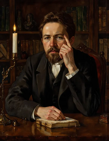 Rembrandt style <lora:Dark_Ghibli:0.6>, Portrait of Anton Pavlovich Chekhov â a masterpiece painting style. A realistic, highly detailed portrait of the famous Russian writer Anton Chekhov in his middle age, around 40 years old. He is sitting at a wooden desk in a dimly lit study filled with antique bookshelves, old manuscripts, and a burning oil lamp. His expression is thoughtful and melancholic, reflecting deep intellect and literary genius. He is dressed in a classic 19th-century dark suit with a white shirt and cravat. The background should be warm and moody, with rich browns, deep greens, and golden shadows to emphasize the atmosphere of late 19th-century Russia. Use dramatic chiaroscuro lighting to highlight his face and hands resting on a notebook and pen. Style inspired by the great realist painters like Ilya Repin or William Bouguereau â precise details, emotional depth, and historical authenticity., <lora:Ð§ÐÐ¥ÐÐ:1> . Baroque, chiaroscuro, realistic, emotional, "flat lighting