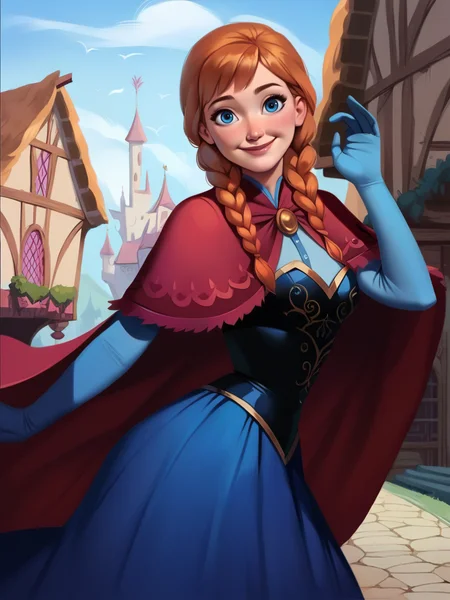 score_9, score_8_up, score_7_up, score_6_up, 1girl leaning forward, cute pose, blue dress, long skirt, elbow gloves, red cape, capelet, corset, twin braids, medium breasts, narrow waist, wide hips, thick thighs, looking at viewer, dynamic pose, smile, cute, solo, cowboy shot, realistic, cute, cartoon, from side, village, castle,
<lora:AnnaXLP_character:0.8>AnnaXLP <lora:Lunas-Popogori-SDXL-A1:0.6>