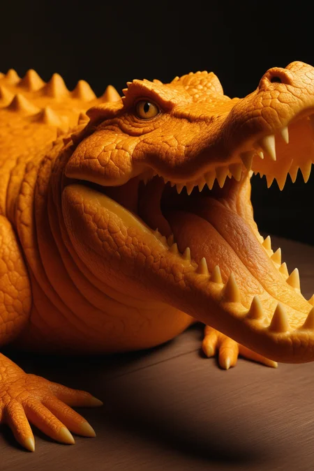 high quality,masterpiece,ultra-high resolution,incredible composition,extremely detailed, <lora:Orange_Peel:0.7>, A menacing crocodile sculpted from orange peel, its scaly skin formed by rugged citrus texture. Jaws gleam with peelâs gloss. Ultra-high resolution macro, emphasizing primal details. Background: muddy brown board, dim light, orange rinds, and reeds for a wild food photography aesthetic.