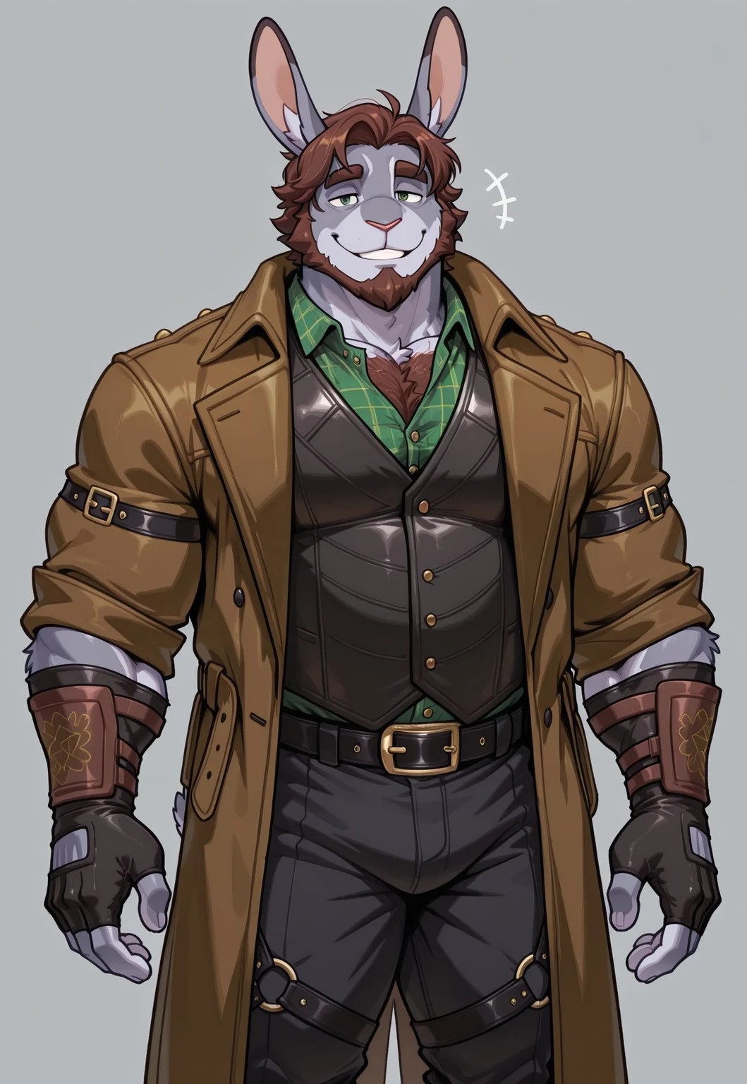 detailed, perfect anatomy, masterpiece, high quality, best quality, highres, aesthetic, newest, 2024, 2023, 2022, ds0d, w0lfc0nf, solo, grey background, tired expression, smiling, mature male, black eyes, furry, anthro, grey body, brown arms, (chubby, musclegut, muscular, big pecs, broad shoulders, thick thighs, huge muscles, wide body, thick arms) thick eyebrows, green eyes, simple background, furry, looking at viewer, male focus, 1boy, harengon, furry hare, tail, anthro, (grey fur, brown hair, short hair, beard, chest hair:1.2), looking at viewer, <lora:DarkSideOfDiscovery_Style_V1_ILXL:0.8>, upper body, bara, ((wearing a brown leather coat, green flannel shirt, black vest, black pants, black belt, big belt buckle, black leg straps, black arm straps, black fingerless gloves)), (cowboy hat, rabbit ears), cropped