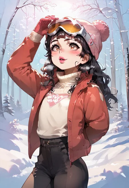 Atte_Nanakusa, MixedByErry, InCaseStyleZ, score_9, score_8_up, score_7_up, score_6_up, 1girl, chinese female (hazel brown eyes, long hair, wavy hair, black hair, red highlights), sk1gear (black beanie, gloves, red jacket, turtleneck sweater, black pants, eyewear on head, goggles), open jacket, slender body, (flat chest:1.4), soft lips (pink lipstick, shiny lips:1.4), stretching, motion lines, wide eyes, open mouth smile, (blush:1.4), cold breath, outdoors, snow, snowy pine tree forest, bright sun (lens flare, bloom), dramatic shadows, 4k uhd, absurdres, warm lighting, detailed light, cowboy-shot, (highres textures), soft light passing through hair, natural lighting, detailed background, beautiful face, cute face, detailed face