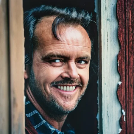 UHD, 4k, ultra detailed, cinematic, a photograph of <lora:perfection style:0.5> <lora:detailed:0.5> perfection detailed
<lora:The Shining film style:0.9>
<lora:1980's style:0.4>
Jack Torrance closeup In the 1980's in the Colorado Rocky Mountains a man with a beard and a smile on his face peaking out of a broken door,solo,smile,1boy,male focus,teeth,looking to the side,facial hair,portrait,beard,realistic,mustache , cinematic, film, kodak, The Shining film style, here's johnny closeup style, epic, beautiful lighting, inpsiring