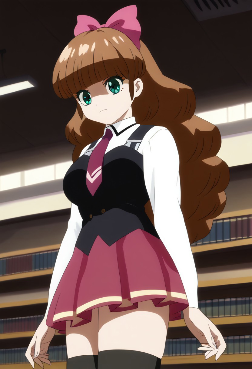 score_9, score_8_up, score_7_up, source_anime, 1girl, solo, <lora:azusa.pony:1>, azusa, anime coloring, long hair, green eyes, brown hair, blunt bangs, large breasts, library, <lora:bible_black_uniform_xl_v3:1>, school uniform, white shirt, black vest, black thighhighs, red skirt, red necktie, anime coloring,anime screencap, sexy pose