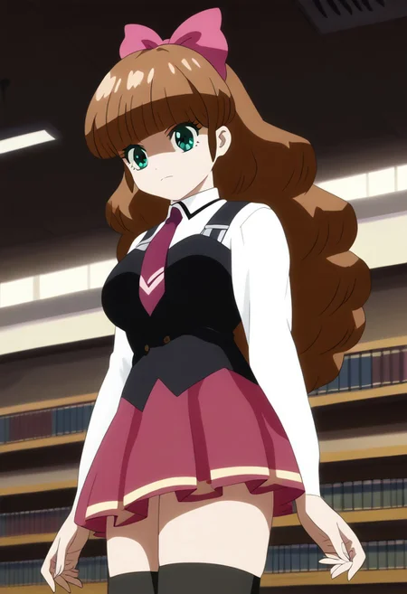 score_9, score_8_up, score_7_up, source_anime, 1girl, solo, <lora:azusa.pony:1>, azusa, anime coloring, long hair, green eyes, brown hair, blunt bangs, large breasts, library, <lora:bible_black_uniform_xl_v3:1>, school uniform, white shirt, black vest, black thighhighs, red skirt, red necktie, anime coloring,anime screencap, sexy pose