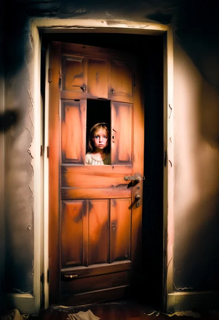 A dimly lit, ominous old wooden door with rusty hinges stands ajar, creaking slightly in the silence, as a small, wide-eyed, frightened child with a pale complexion and a torn nightgown stands frozen in fear, staring into the dark, foreboding void beyond the doorway, where shadows dance and secrets lurk.
