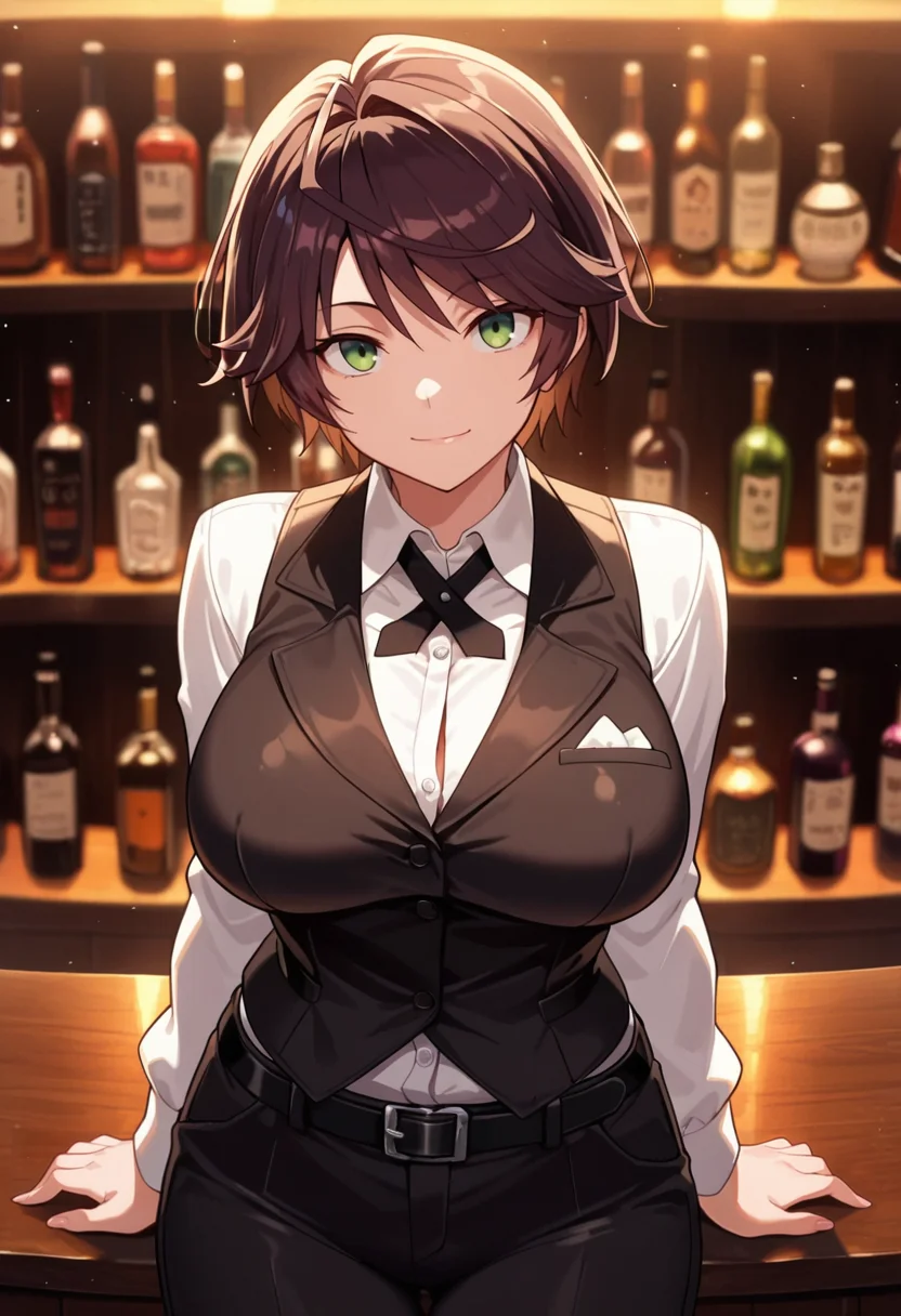 masterpiece, best quality, amazing quality,eira kishida, green eyes, brown hair, short hair, mature female, 1girl, breasts,large breasts,solo,closed mouth, light smile, black vest, collared shirt, white shirt,black cross tie, long sleeves, black belt, black pants, cowboy shot, standing, looking at viewer, indoors, bar \(place\), bartender, night, blurry background<lora:eira kishidaV1:0.9>