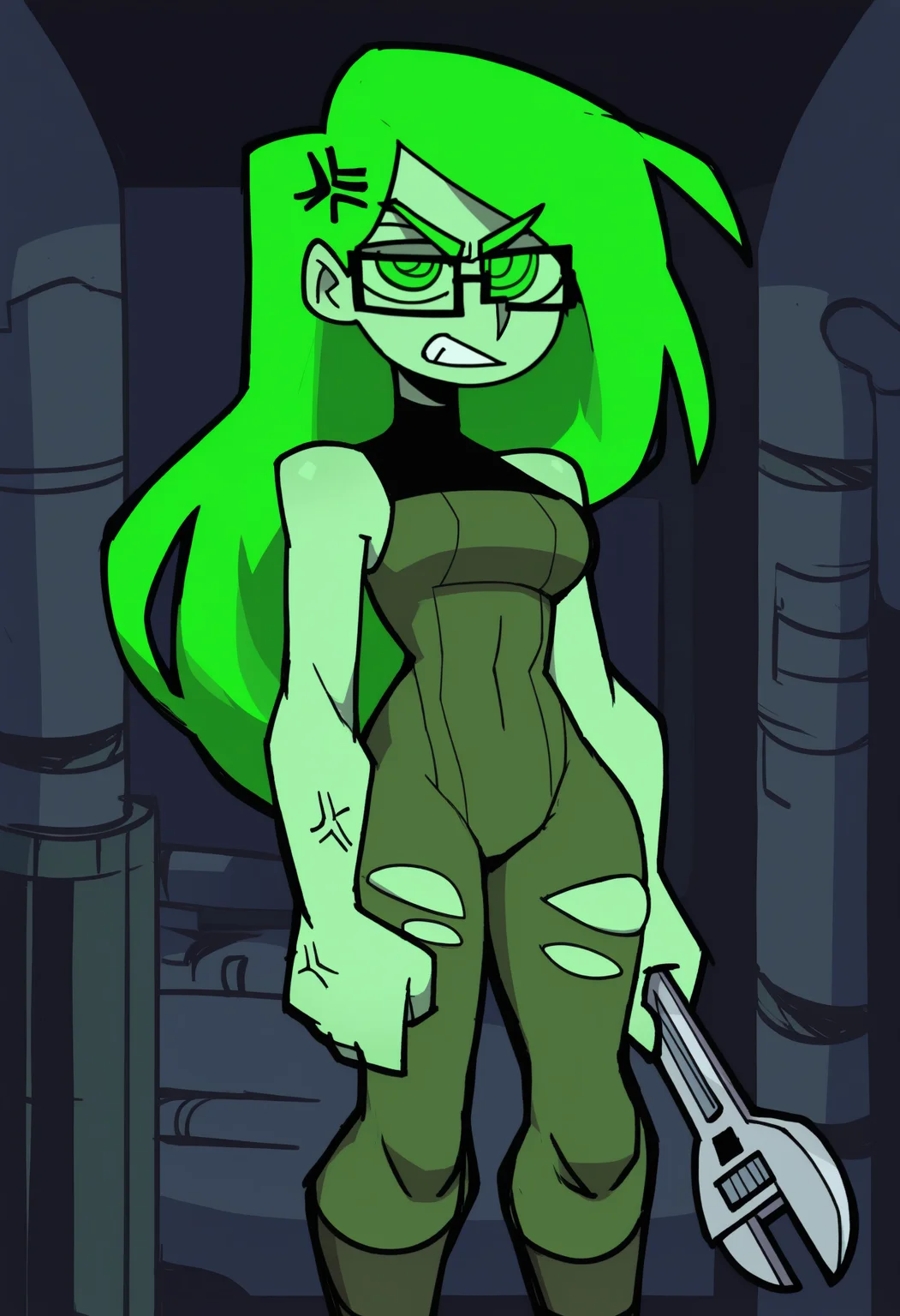 (vanripper:0.7), masterpiece, best quality, solo, 1girl, zfzm, green skin, angry, clenched teeth, looking at viewer, standing, holding wrench, anger vein, long hair, green hair, green eyes, glasses, semi-rimless eyewear, torn clothes, green bodysuit, sleeveless bodysuit, torn bodysuit, bare shoulders, indoors, dark background, industrial pipe
<segment:yolo-Anzhc Face seg 640 v2 y8n.pt,0.4,0.5//cid=1>