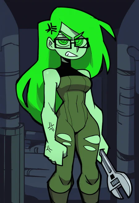 (vanripper:0.7), masterpiece, best quality, solo, 1girl, zfzm, green skin, angry, clenched teeth, looking at viewer, standing, holding wrench, anger vein, long hair, green hair, green eyes, glasses, semi-rimless eyewear, torn clothes, green bodysuit, sleeveless bodysuit, torn bodysuit, bare shoulders, indoors, dark background, industrial pipe
<segment:yolo-Anzhc Face seg 640 v2 y8n.pt,0.4,0.5//cid=1>