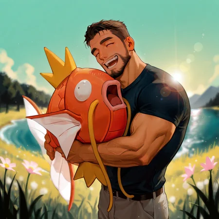 <lora:MagikarpPokedex_IXL:1> zzMagikarp, hug, man hug magikarp, magikarp, happy face, laugh, closed eyes, smile, hug, clinch, green, field, watr, river, flower, sky, sun, lens flare, bokeh, depth of field, 
(very short hair, beard, bara, mature, facial hair, stubble, beard, full beard, sideburn, beard, a lot of beard, ), facial hair,male focus, muscular male, muscular male, bara, mature,  bara, mature, aixiwuganda_(20222192), very awa, masterpiece, best quality, absurdres, newest, perfect quality, detailed background, intricate details,
<lora:slider_Body Type_alpha1.0_rank4_noxattn_last:3><lora:style_Anime Summer Days 2 Style SDXL_LoRA_Pony Diffusion V6 XL:.6><lora:slider_cfg_scale_boost:.7><lora:Artist6p:.55>, Artist6p, Artist04p,<lora:slider_il_brightness_slider_d1:-1><lora:slider_il_contrast_slider_d1:-1><lora:slider_DarkSlider1.2_alpha1.0_rank16_full_300steps:-.6>
