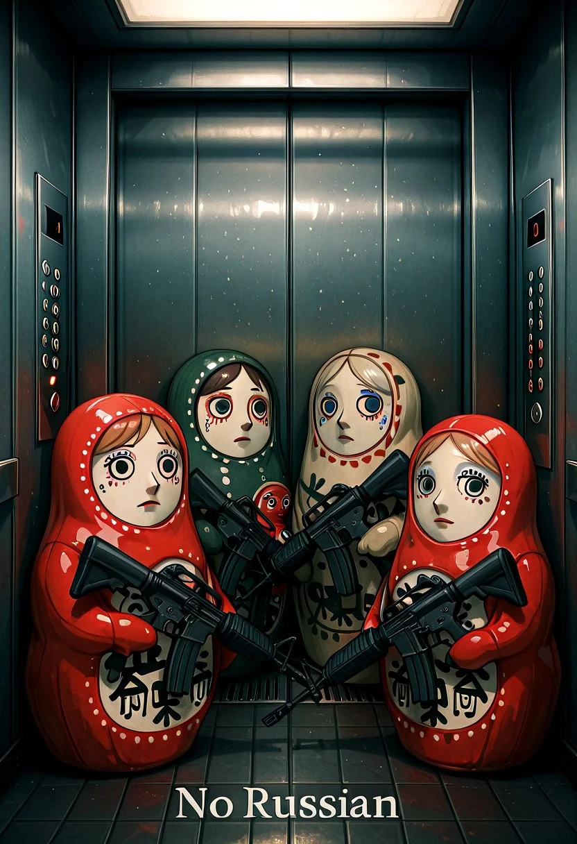 embedding:IllusP0s, no russian, elevator, holding weapon, assault rifle, 4 russian dolls, matryoshka dolls, no humans