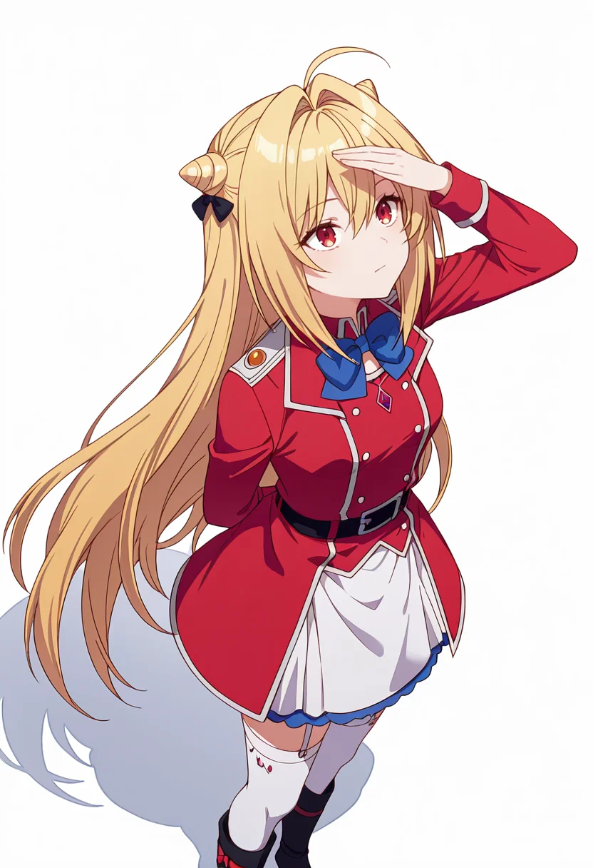 Smooth Quality,masterpiece,very intricate, high quality details, ultra realistic, high detailed skin,detailed enviorement,absurdres,
Hand on own forehead,
 <lora:Terakomari_Gandesblood_CNR:0.8> terakomari_cnr, 1girl,blonde hair, very long hair,cone hair bun, double bun,ahoge, hair between eyes, hair intakes, red eyes,black bow,red jacket, long sleeves, epaulettes, white skirt, white thighhighs, garter straps,boots, black belt,blue bowtie,, simple background, white background, from above,
standing, arms behind back, looking up, calm expression, relaxed posture,  ,, :|,, compression shirt,  ,button-up vest, ,cargo pants, ,