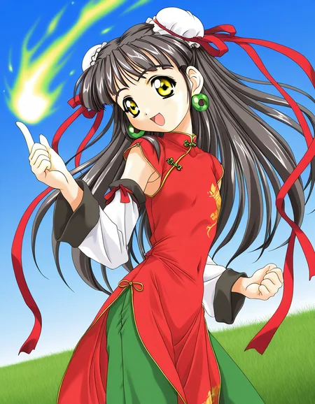 general,highres, ultra-detailed,very aesthetic,best quality ,best hands, BREAK <lora:Kounyan_Spiral_NAMI_IS:1>Kounyan, black hair, long hair, double bun, hair bun, bun cover, yellow eyes, ribbon, earrings, flat chest, green jewelry,
1girl, solo, chinese clothes, china dress, red dress, open mouth, long hair, smile, detached sleeves, green China pants,
grass, blue sky, aura, aura effect, spark,