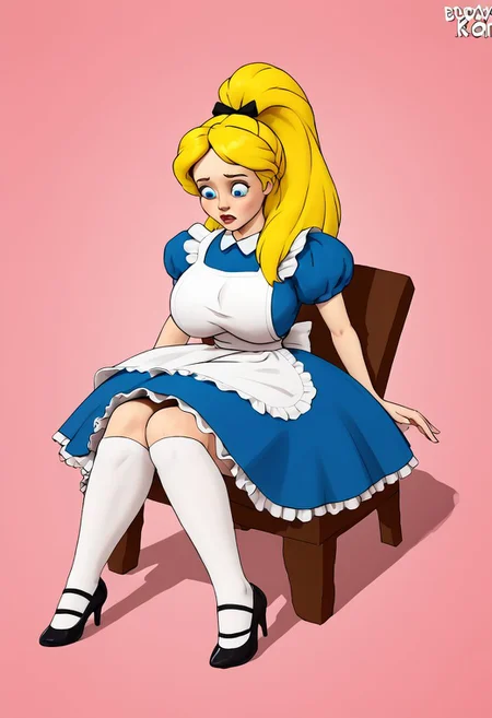 long blond hair, high ponytail, young, gigantic breasts, breast expansion, alice in wonderland, sitting, blue short dress, Her dress is shaped like a princess ball gown, parachute dress, wearing thick white petticoats, white apron, white stockings, black high heels, legs pulled wide open, (doing a straddle-split:1.8), white panties, upskirt panties, on stage, light skin, scared expression, exposed breasts, sensual expression, <lora:super_gigantic_breasts_V1:3>