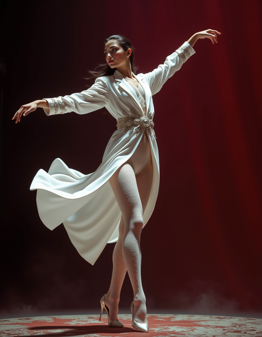 in the style of cksc, 

dark fantasy aesthetic. , digital artwork of a futuristic, natural colors, , epic.  luminescence, ultra realistic, hyper detailed, soft lighting , epic scale.
(detailed digital painting, detailed oil painting). 

breathtaking professional full body shot portrait of a young classic dance voman, (Pasadoble dance), dancing (tight white brocade suit), back stage dark burgundy gradient background, dancing an artistic pose, dynamic movements, in move, heels, perfect face rendering with lips, nose, eyes, extremely detailed, artistic, octane render, (((8k resolution, very high resolution))). Epic.
 monumental,  Otherworldly atmosphere.
(Depth of field), low saturation,detail. mythp0rt Stylish, charismatic.c.

<lora:SDXL\FLUX_frazetta_flux_v2-000150.safetensors:1.0>, Frank Frazetta



