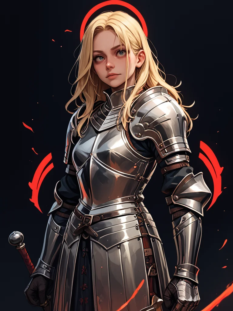 <lora:PlateArmor:1> knight, full armor, 1girl, blonde hair,, score_9, score_8_up, score_7_up, score_6_up, score_5_up, score_4_up, BREAK, <lora:Gothic:1> red, black background, red outline,