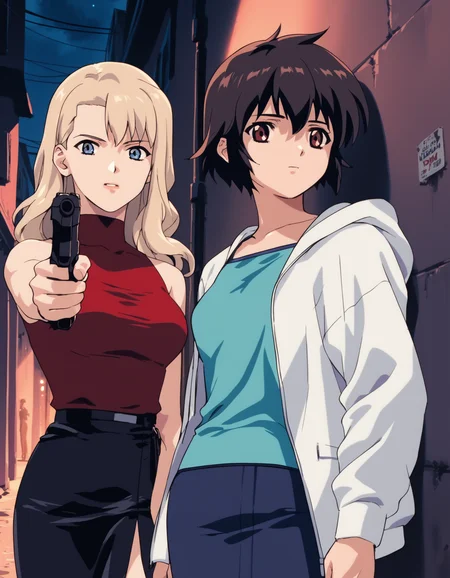 score_9, score_8_up, score_7_up, score_6_up, score_5_up, score_4_up
<lora:noir-2x-ponyxl-000016:0.5>
2girls, handgun, holding gun, trigger discipline, night, alley
BREAK
nwrmir, blonde hair, sleeveless turtleneck, red shirt, pencil skirt,
BREAK
yuumura kirika, camisole, blue shirt, hoodie, white hoodie, pencil skirt, microskirt