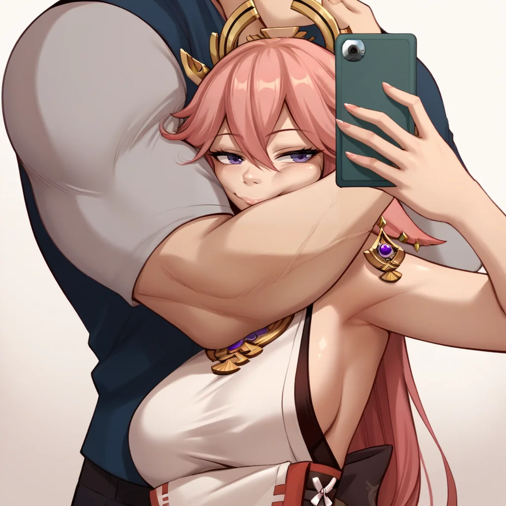 score_9, score_8_up, score_7_up, source_anime, 1girl, 1boy, FlxngArndHdMeme, selfie, hug, hug from behind, holding phone, muscular, close-up, flexing, <lora:FlexingAroundHeadMeme_pdxl_Incrs_v1:1>, yae miko,